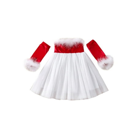 

Bebiullo Newborn Toddler Baby Girls Christmas Outfits Velvet Feather Party Dresses Princess Xmas Cosplay Clothes 6-12 Months