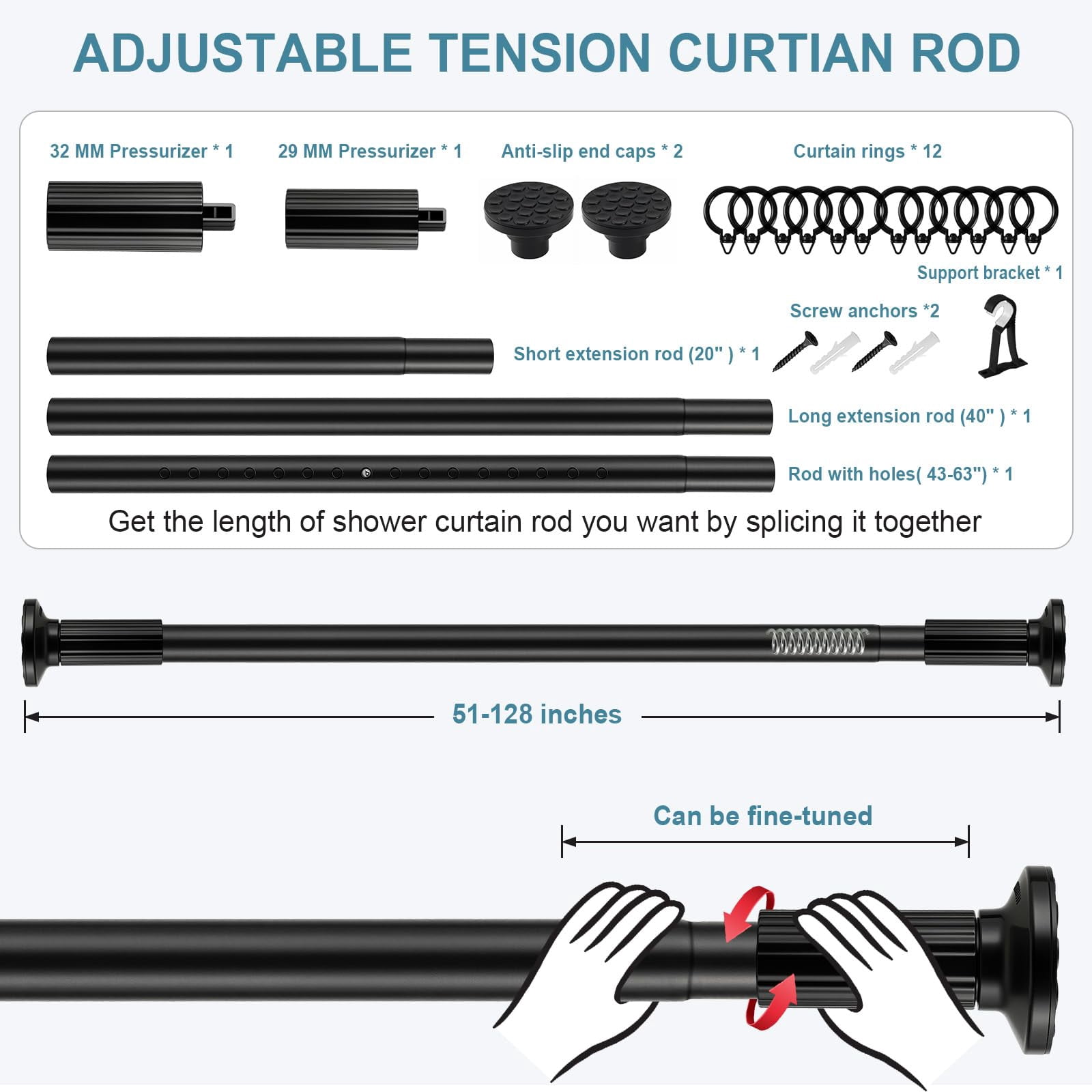 SPOKKI Tension Curtain Rod, 51-128 Inches Adjustable Closet Tension Rod Rust-free No Drilling Shower Curtain Rod, Anti-slip Spring Steel Rod for Bathroom Black