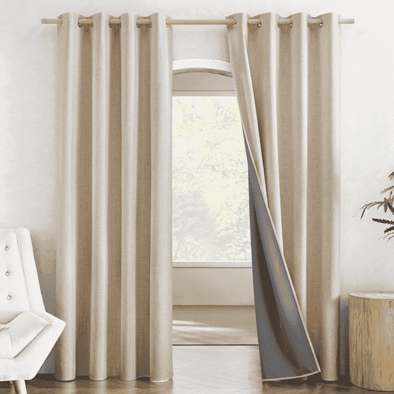 NICETOWN Full Blackout Linen Curtains 90 inches Long, Room Darkening Thermal Insulated Grommet Noise Reducing Drapes for Bedroom Living Room, 52"x 90", Cream, 2 Panels