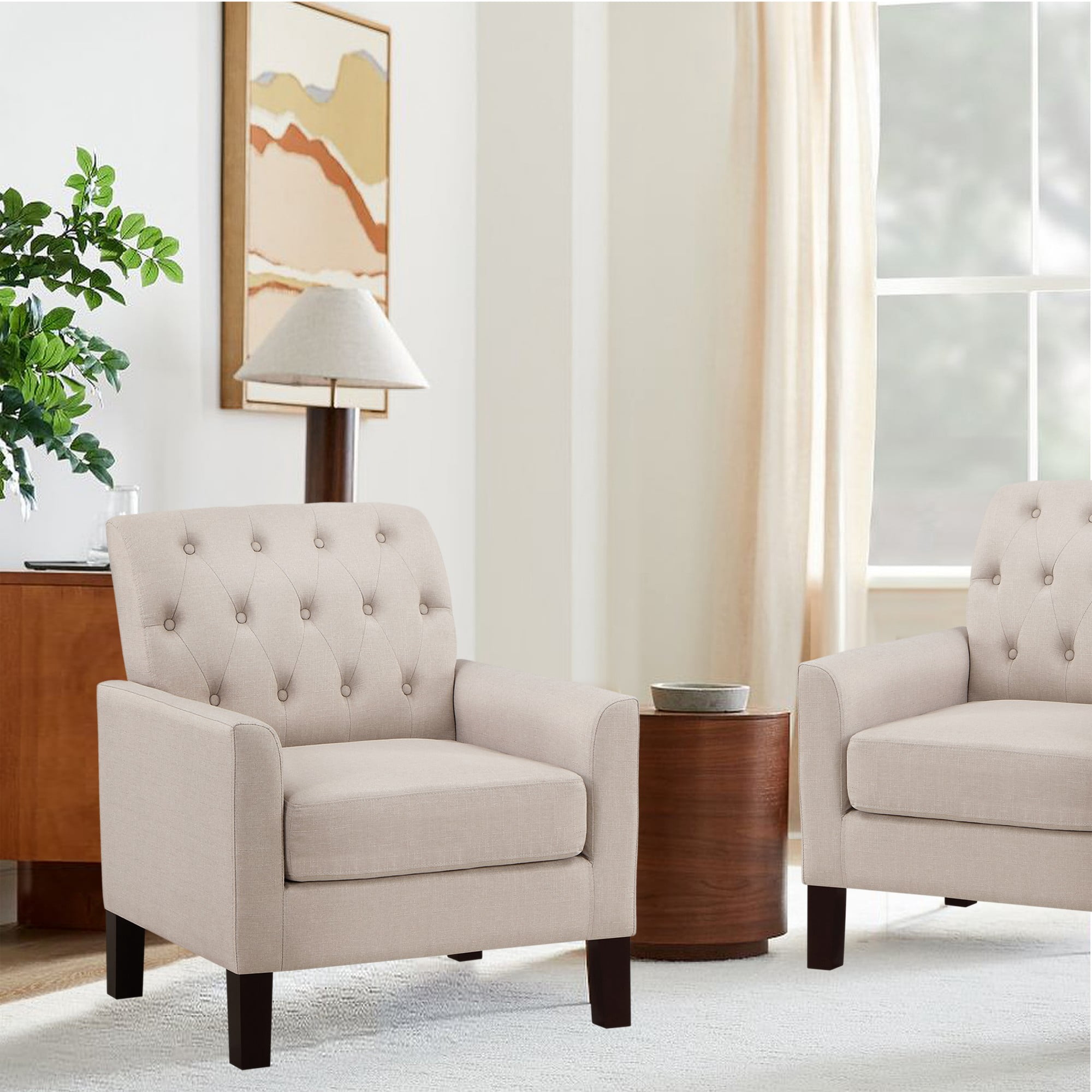 Gewnee Beige 30” Linen Accent Armchair, Solid Rubberwood Legs, Suitable for Living Room & Balcony
