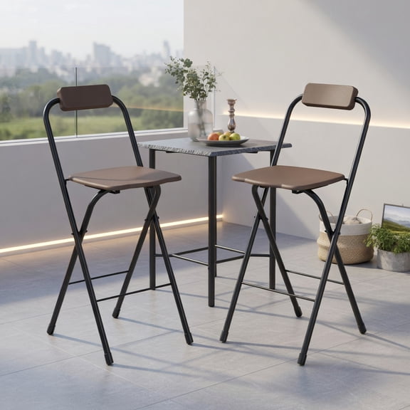 Resenkos 2-Pack Portable Bar Height Stools – Ergonomic Brown & Black Metal Stools with Comfort Footrest, 28" Seat Height, Foldable for Outdoor Patio, Deck & Camping