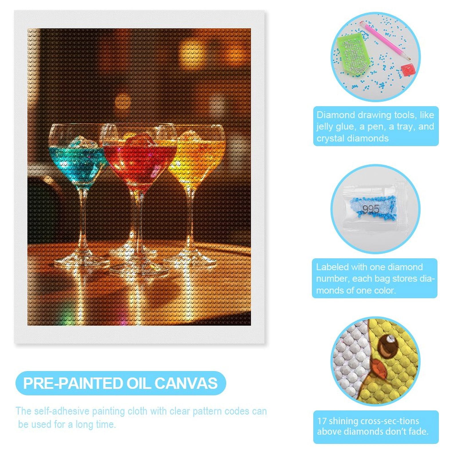 Diamond Art Kits for Adults, Colorful Cocktail Glasses Table 5D Diamond Painting Kits for Adults Beginners, DIY Full Drill Diamond Painting, Gem Art and Crafts 12x16