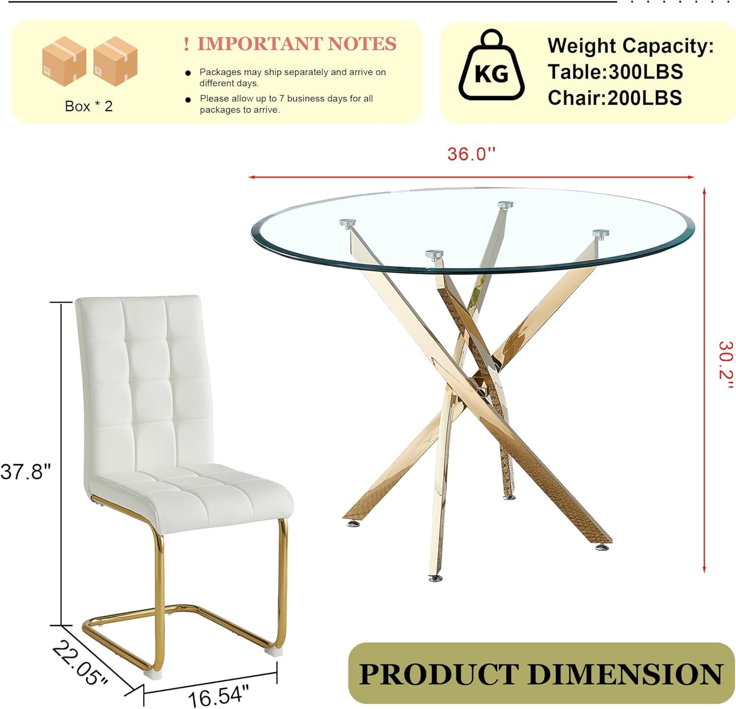 5-Piece Dining Table Set, 36" Round Clear Tempered Glass Table & 4 PU Cantilever Chairs with Stainless Steel Legs, Dining Table Set for Small Space, Apartment, Home Office