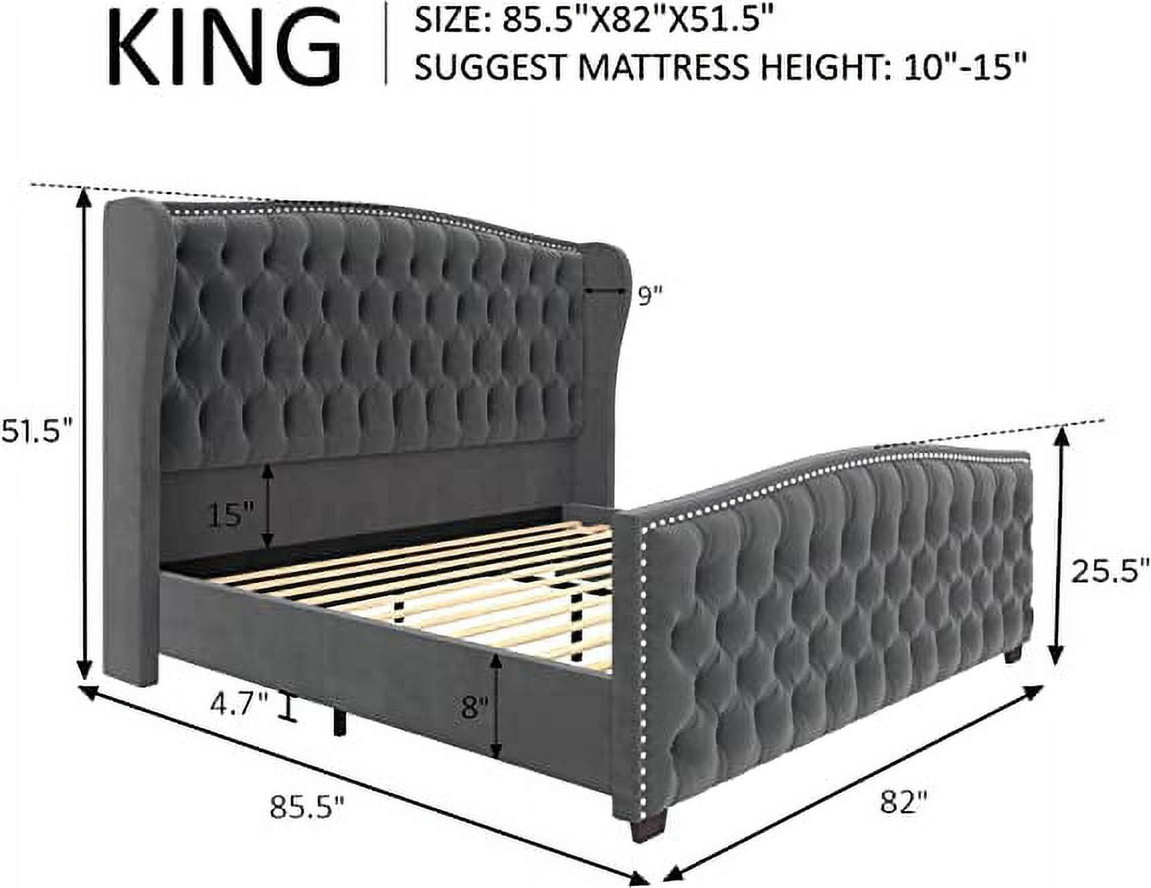 Amerlife King Bed Frame with Velvet Upholstery, Tufted Wingback Headboard and Nailhead Trim, Grey