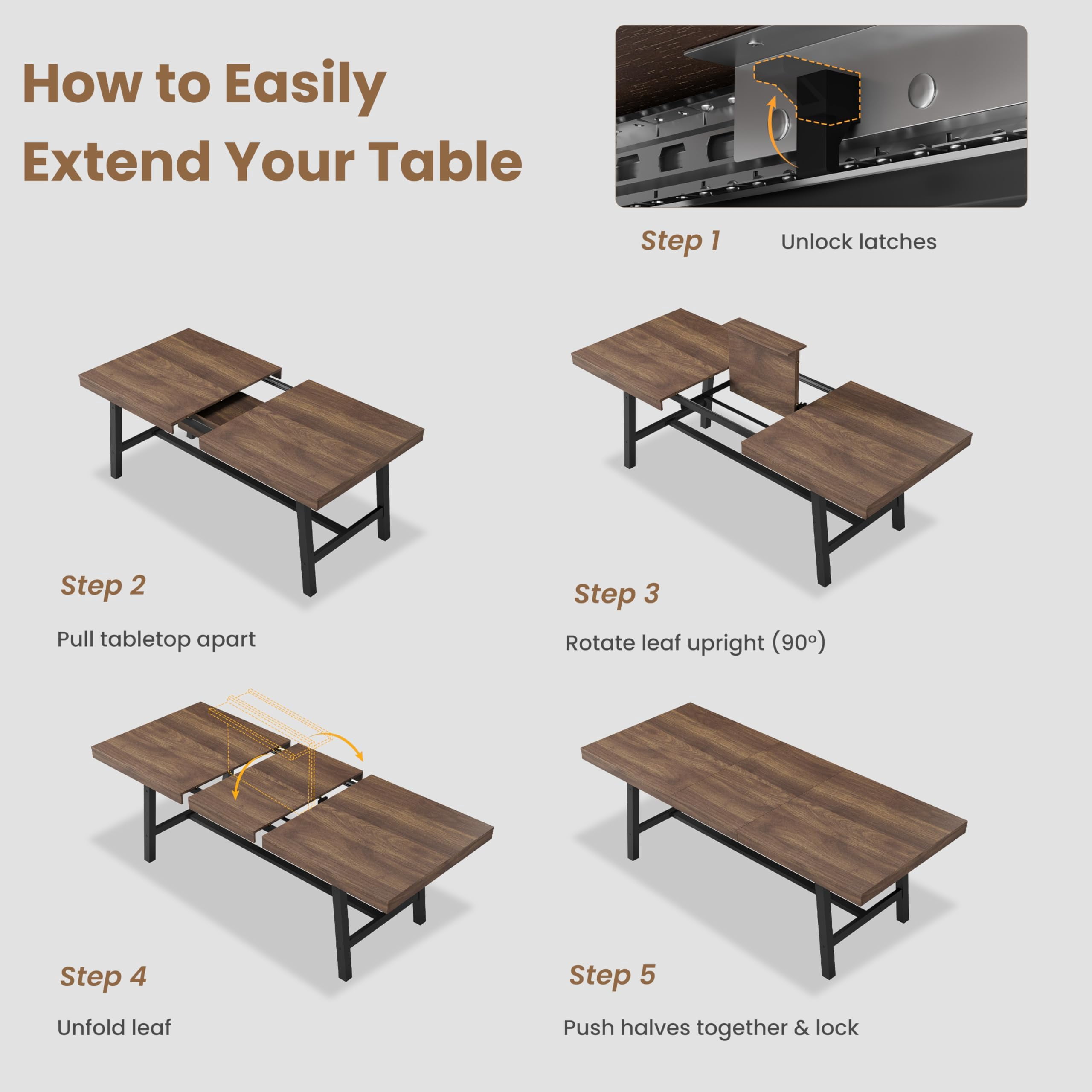 63"-83" Extendable Industrial Dining Table - Seats 6-8 - Expandable Rectangular Kitchen Table with Metal Frame for Parties-Brown