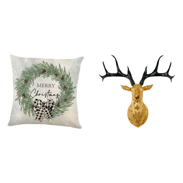 Funda de almohada,Funda de almohada navideña 2023 de 18 x 18 pulgadas,suave para interiores,Funda de almohada decorativa para decoración navideña,Estatua de cabeza de ciervo,Decoración de