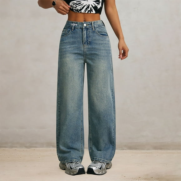 QIUOMBBP Womens Straight Leg High Waisted Jeans Wide Leg Drawstring Stretchy Denim Pants with Pockets Casual Baggy Retro Jeans, Blue, XL