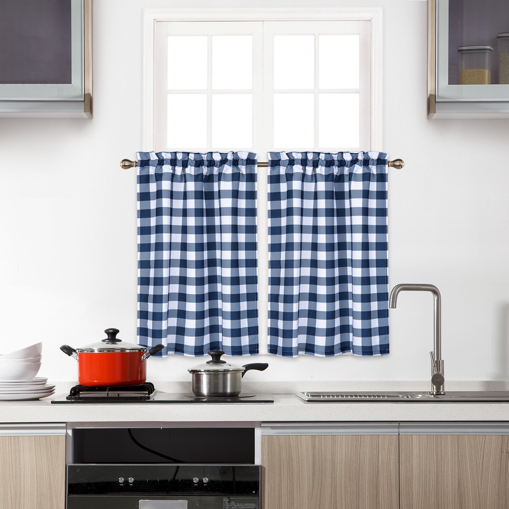 Glowsol 28 W X 30 L Kitchen Curtain Buffalo Checker Tier Curtains Rod Pocket Blackout Cafe For Living Room Navy Blue 2 Panels Com