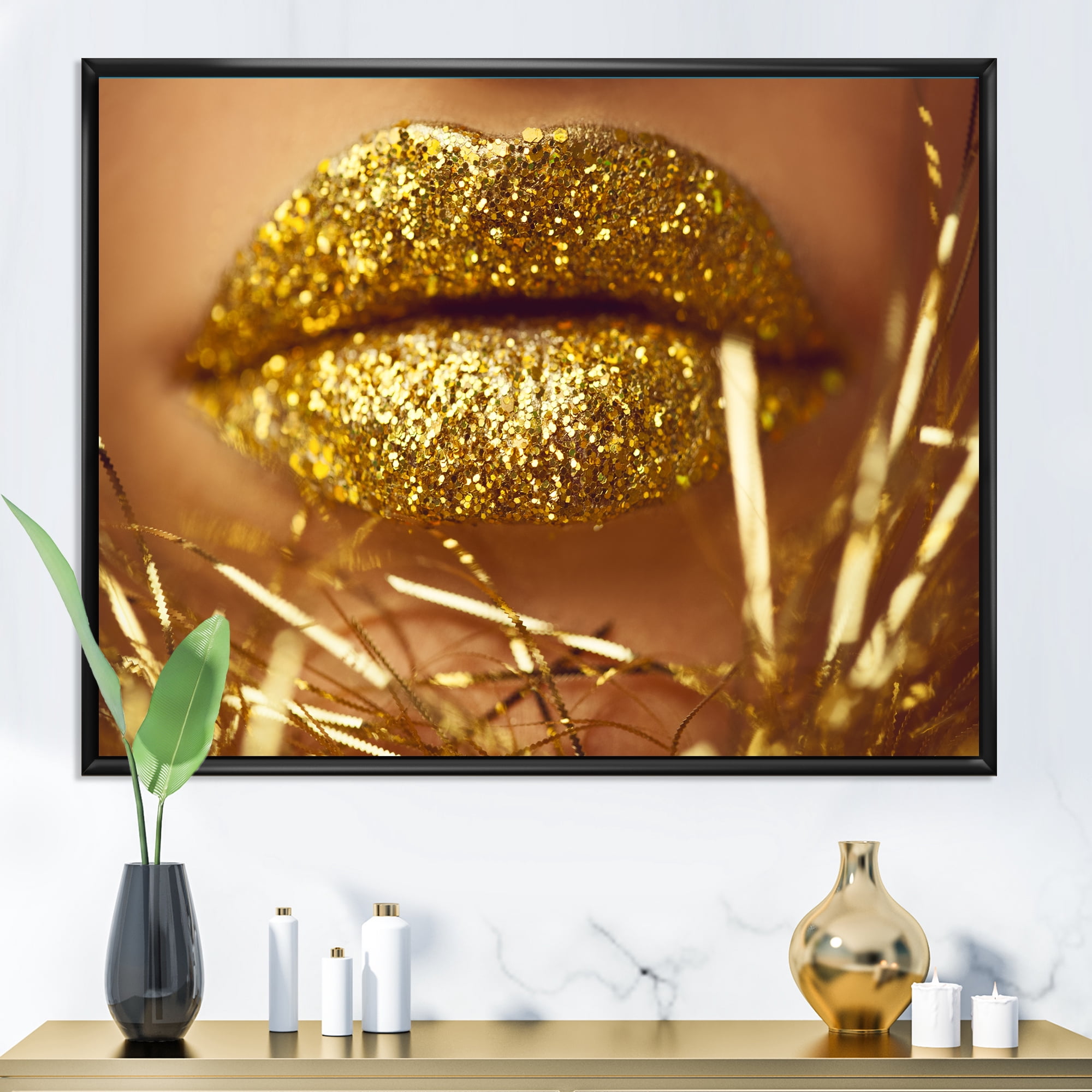 Golden Female Lips 32 in x 24 in Framed Photography Canvas Art Print, by Designart