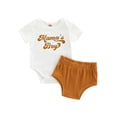thumbnail image 1 of Faithtur 2 Pcs Newborn Casual Outfits Toddler Letter Print Short Sleeve Round Neck Bodysuit + Ribbed Solid Color Shorts, 1 of 9