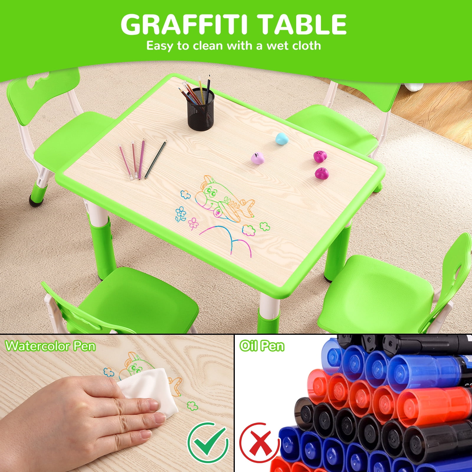 M optimized Kids Table and 4 Chairs Set, Height Adjustable Toddler Table and 4 Chair Set for Ages 2-10 for Crafts and Study, Graffiti Desktop, Non-Slip, Children Activity Table for Daycare, Classroom