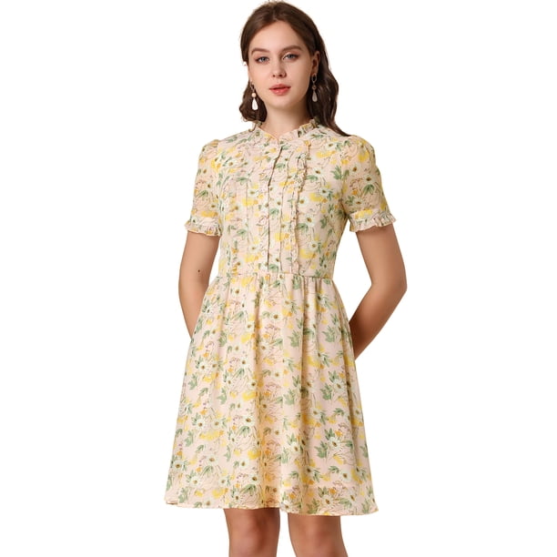 Vestido de gasa con mangas abullonadas y decoración floral con volantes para mujer Rosa S