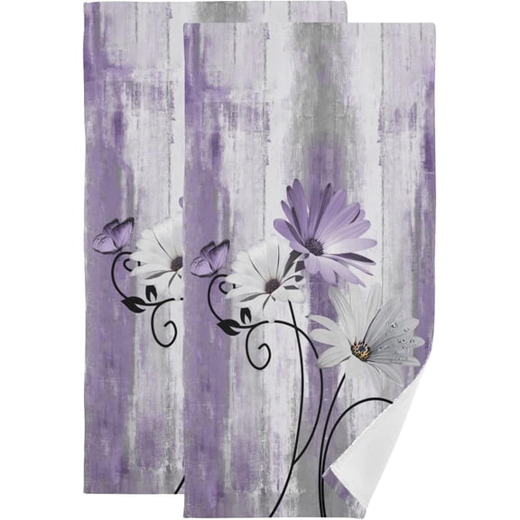 Purple Daisy Hand Towels for Bathroom Set of 2 Soft Absorbent Rustic Floral Butterfly Country Wooden Bath Towels Decorative Kitchen Dish Towel Farm Bathroom Towels for Guest Shower 28x14in