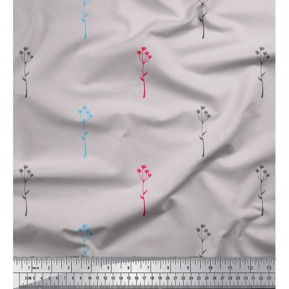 Soimoi Gray Silk Fabric Polka Dot & Leaves Print Fabric by The Yard 44 Inch Wide