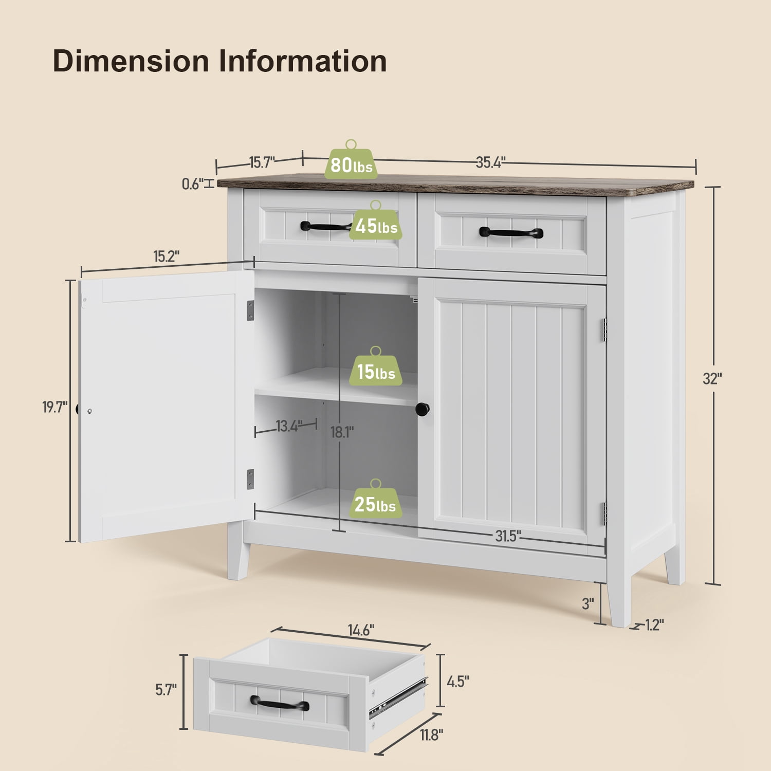 Coffee Bar Cabinet, Lofka 35.4 Inch Small Sideboard Buffet Cabinet with Drawers & Adjustable Shelf, Slim Waterproof Storage Cabinet for Apartment Kitchen Entryway Living Room Home Office, Gray
