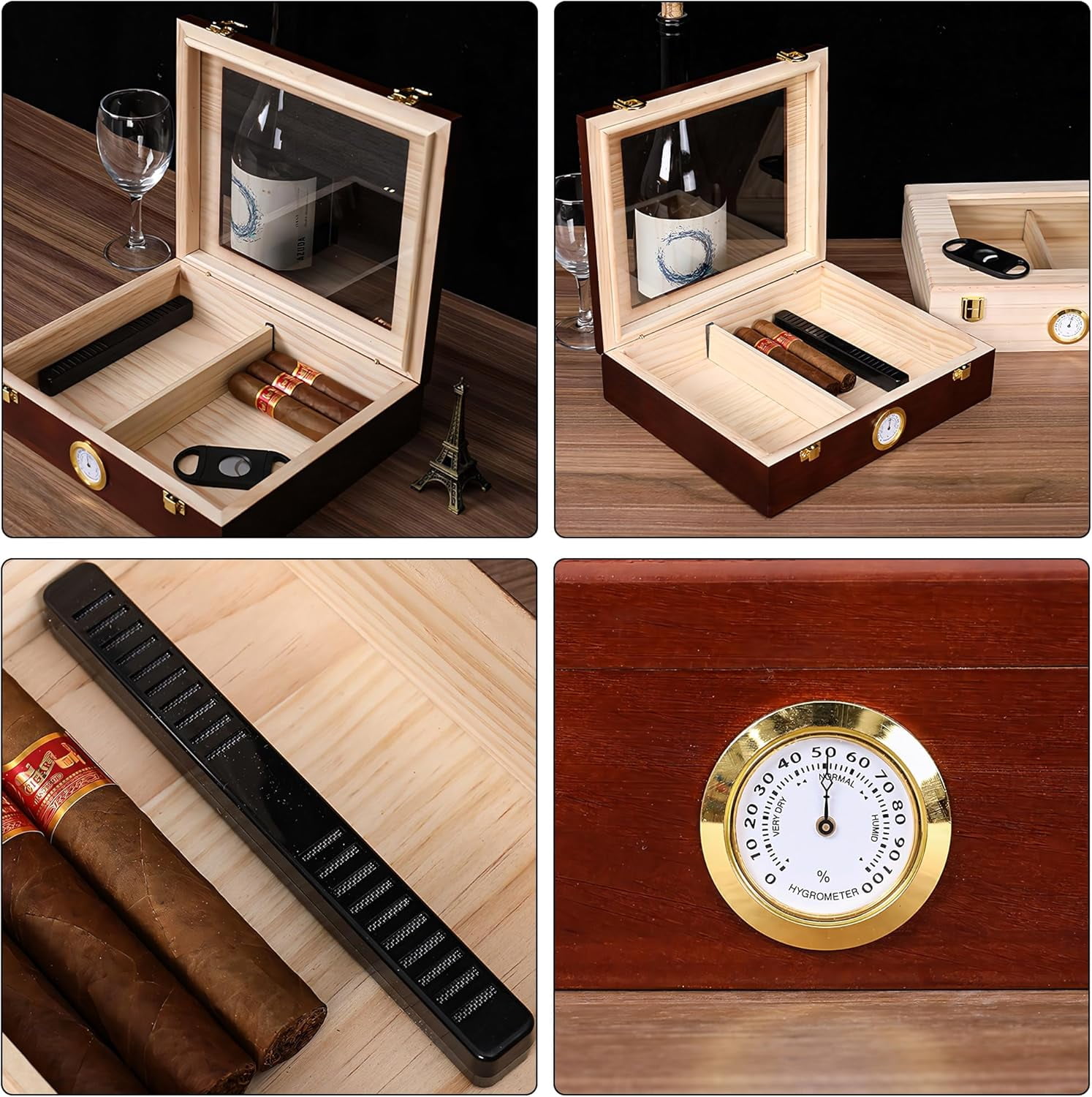 Humidor Cigar Box for Men:Cedar Wood Cigar Box,Cigar Humidor with Humidity Monitoring System,Cigar Case for Men for Holding 25-30 Cigars,Cigar Accessories for Men,10 * 8 in