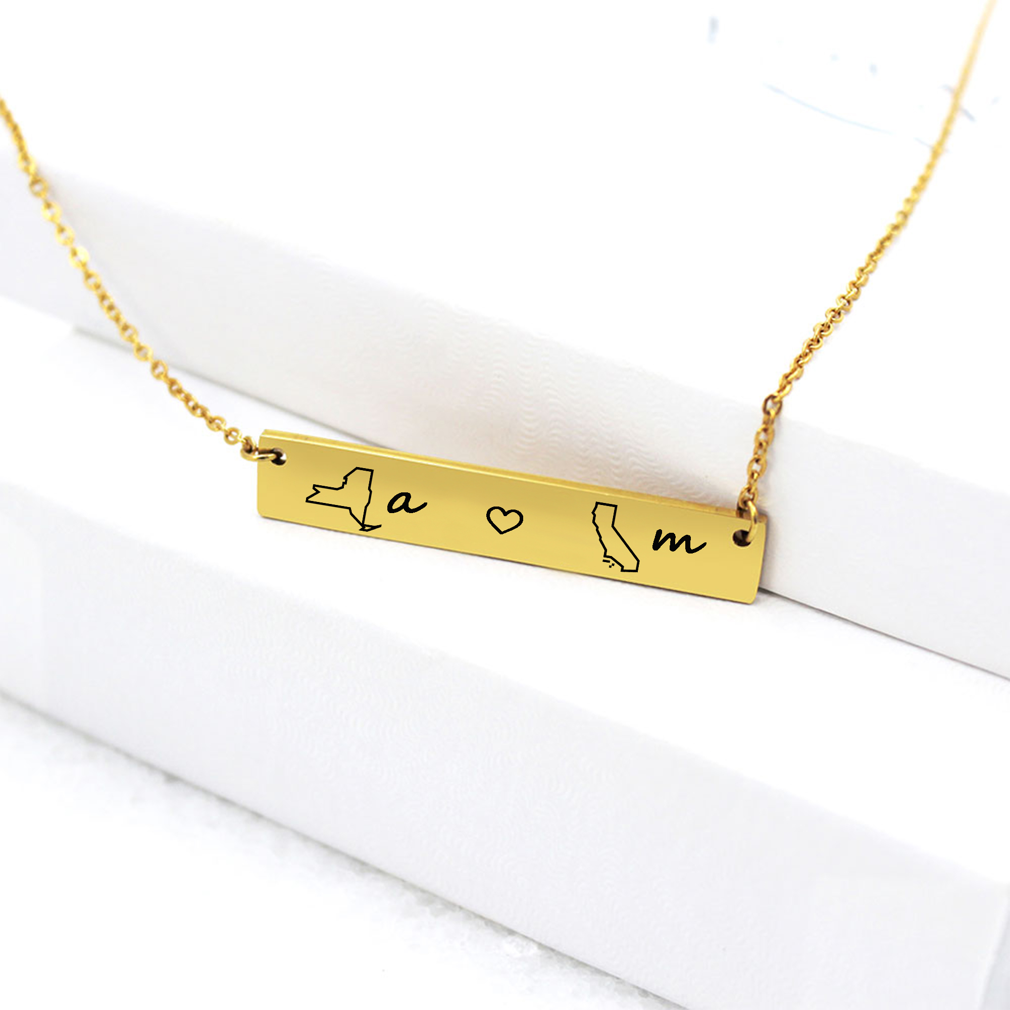 GARITIN - Stainless Steel Location Pendant Anavia Engravable Gold Long Distance Bar Necklace