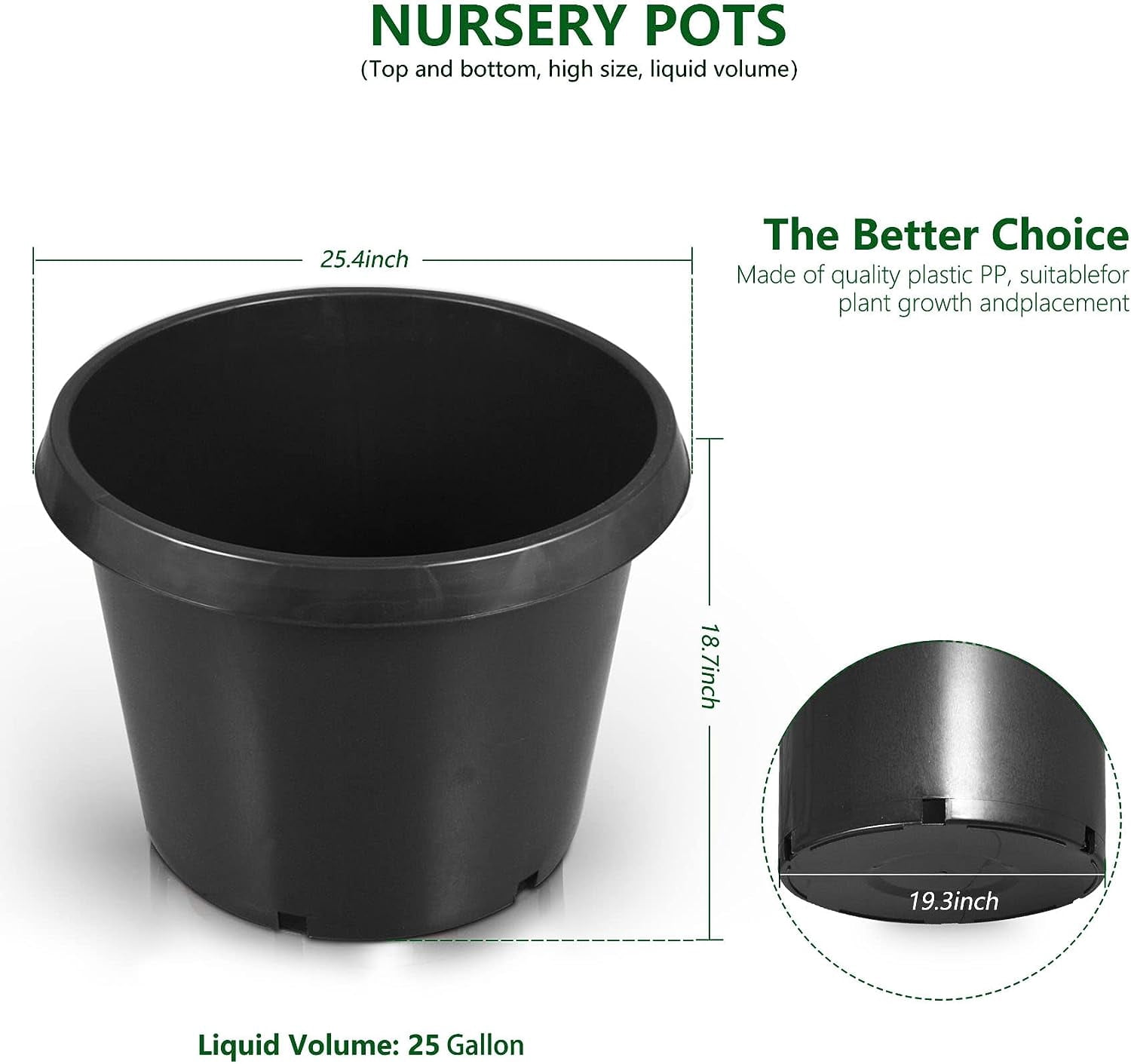 OTTULUR 5-Pack 25 Gallon Round Planter Nursery Pots, Flower Plant Container Injection Molded Plastic Nursery Pots Gardening Pots for Indoor Outdoor Vegetables, Succulents, Black