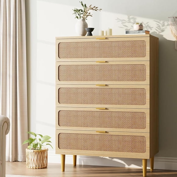 Rattan Dresser with 5 Drawers, Tall Modern Closet with Deep Storage, Large Chest of Drawers with Wide Top, Long Wooden Dresser for Bedroom, Living Room, Hallway, Kids Room, Natural