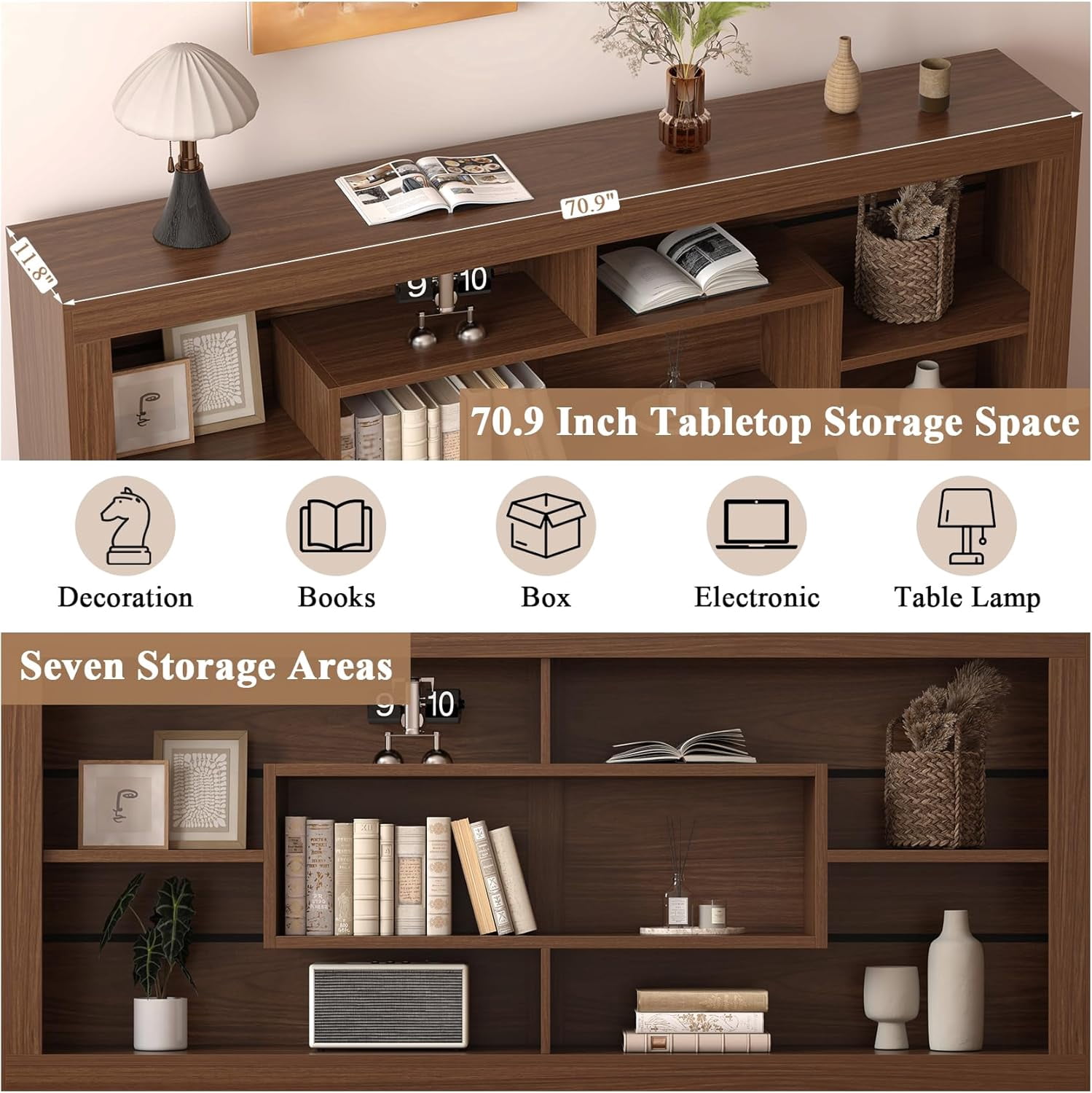 Winkalon Modern Farmhouse 7-Cube Storage Organizer Bookcase, 71” Wide Bookshelf, Large Floor Standing Cubby Shelf Unit with Anti-Tip Kit for Home Office, Living Room, Bedroom,Brown