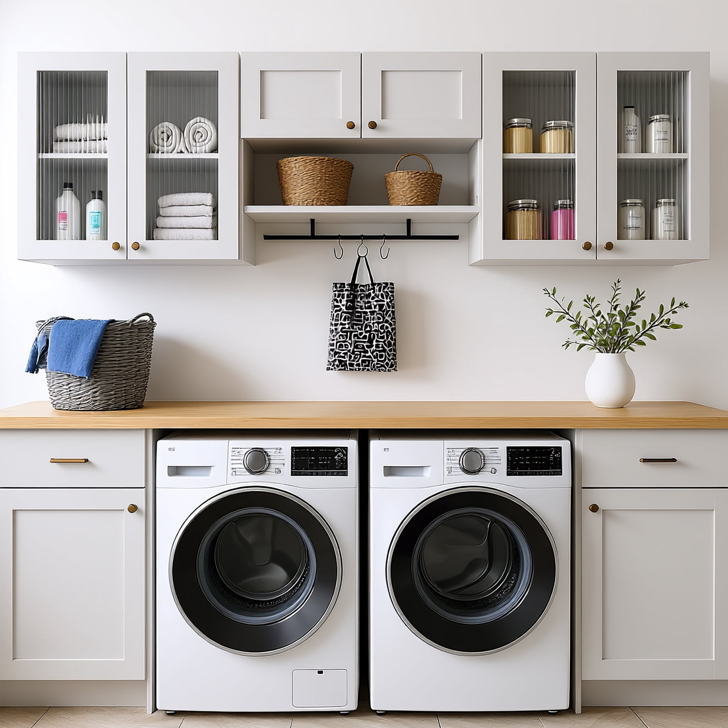 Advwin Wall Mounted Laundry Room Cabinet with Fluted Glass Doors, Hanging Rod, Hooks & Adjustable Shelves, Floating Storage Cabinet for Kitchen, Bathroom or Pantry Organization