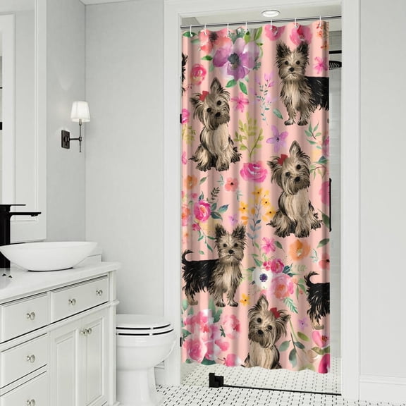 Yorkie Dog and Flower Florals Shower Curtain 36x72in ,Bathroom Decorative Shower Curtains Set with 12 Hooks,Modern Waterproof Washable Shower Curtain