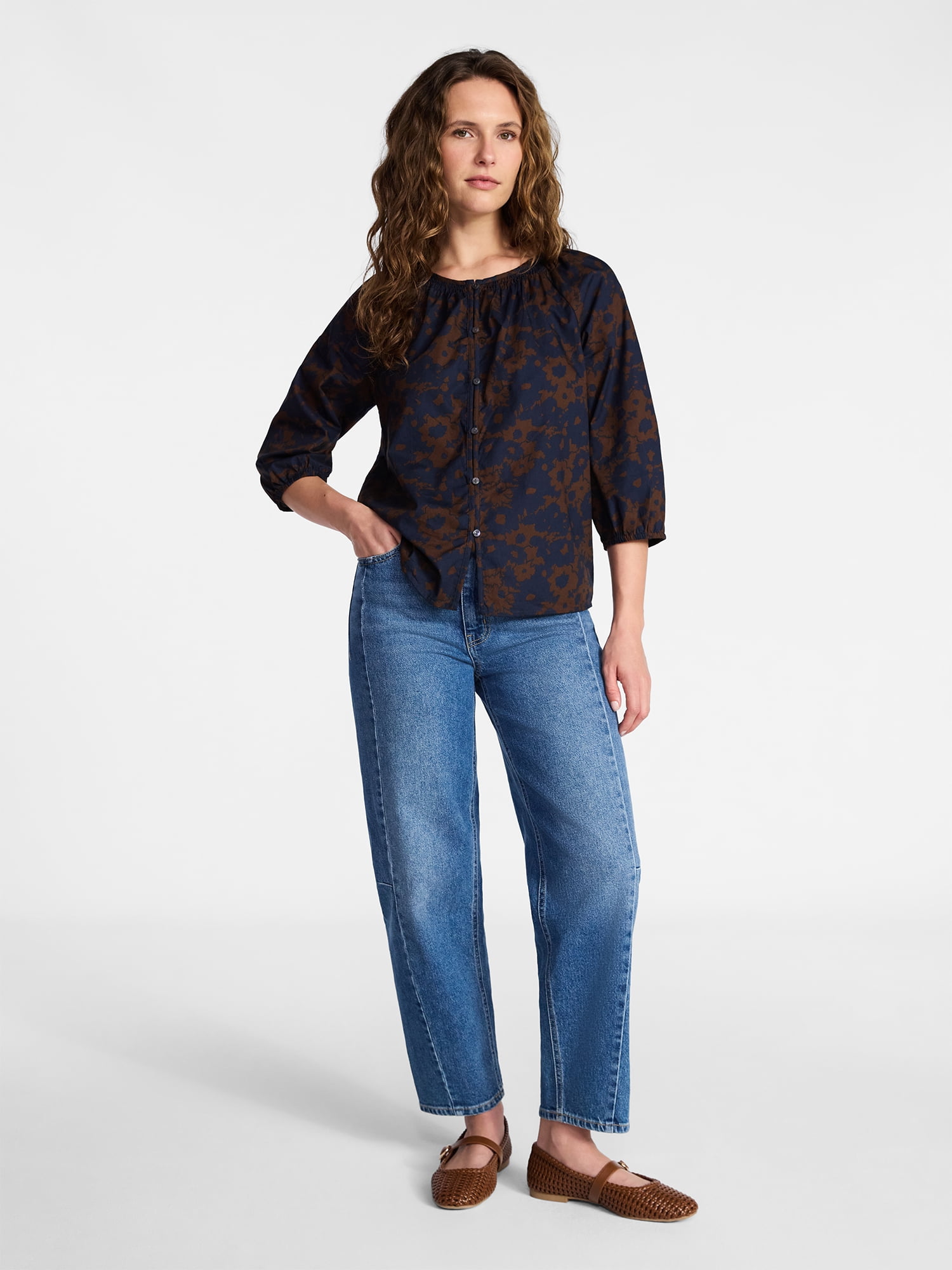 Time and Tru Women's Cotton Button Front Blouse with ¾ Length Sleeves, Sizes XS-XXXL