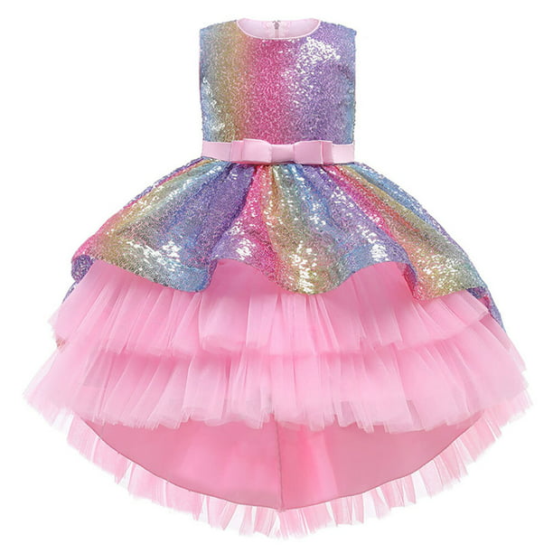Girls Bowknot Rainbow Sequin Princess Dress High Low Tulle Party Gown