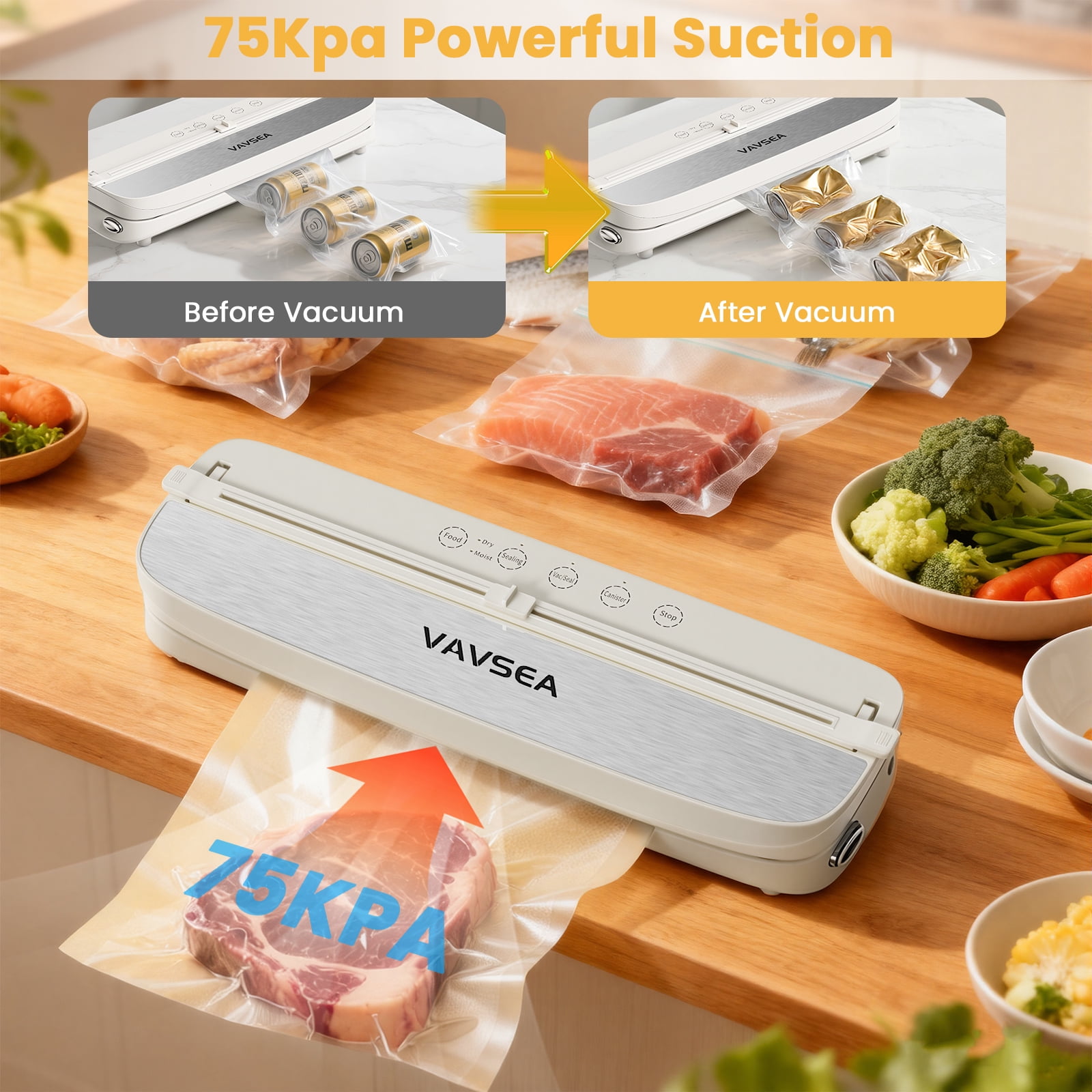 VAVSEA 75Kpa Vacuum Sealer with Bags, 1 Roll & 10Pcs Bags, Automatic Food Sealer Machine with 6-in-1 Dry/Moist Modes, Built-in 2 Cutters, Compact Lightweight for Meal Prep and Storage