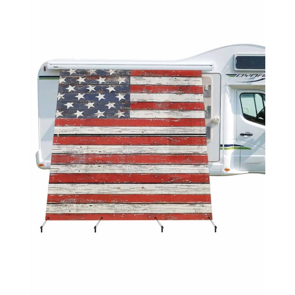 4th of July RV Awning Sun Shade Screen 9'X7' Patriotic American Flag Mesh Sunscreen Retro Wood Grain Awning Shade Screen with Zipper UV Blocker Completed Kits Outdoor Canopy for RV Motorhome Camper