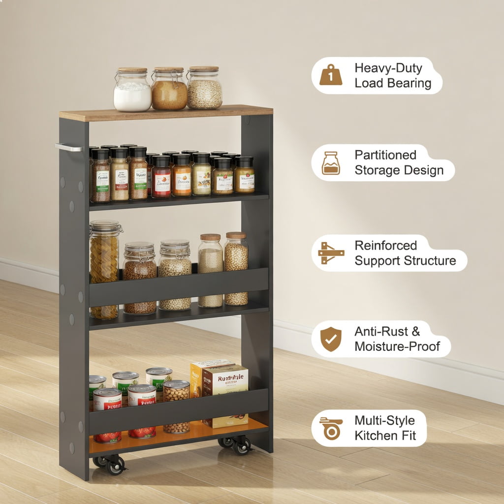 Demi Bonn Rolling Cart, Kitchen Island Cart, Rolling Kitchen Slim Storage Cart Mobile Shelving Organizer with Handle, for Kitchen, Dining Room, Gray