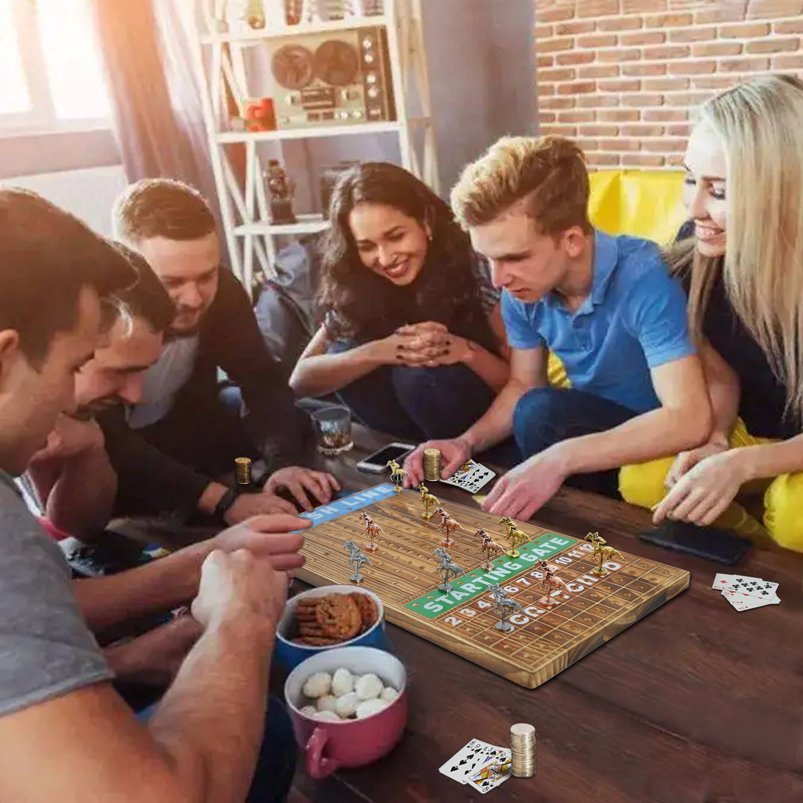 Horse Race Board Game Racing Game Thickened Pine with 11 Luxurious Durable Classic Metal Horses with 4 dice and 2 Boxes of Cards Across Finish Line Horse Racing Game