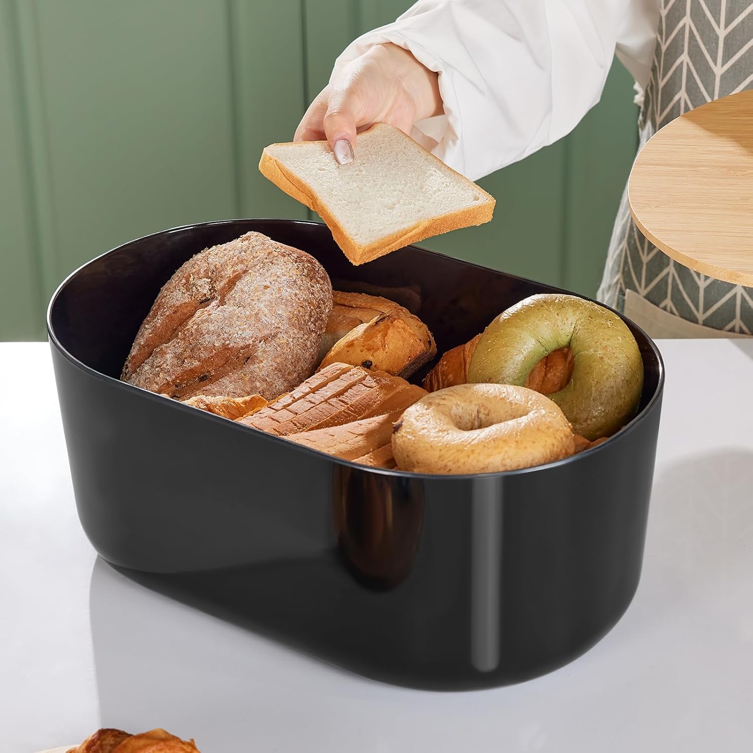 Large Bread Box for Kitchen Countertop,Fiber Bread Box With Thick Cutting Board Lid-Includes,Black Bread Storage for Homemade Container,Corner Bread Holder for Toast Bagel Donut Cookies