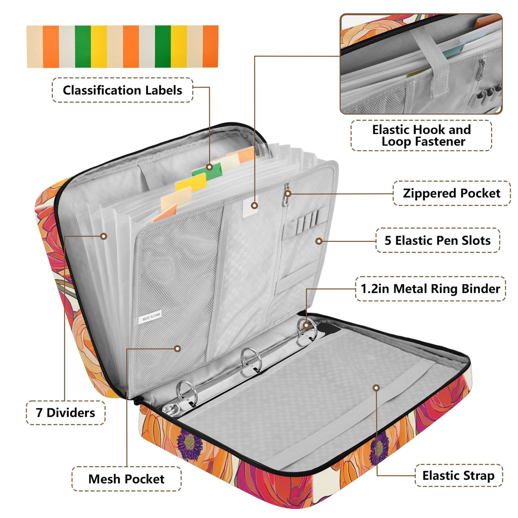 FORMRS Accordion File Folder A4 Size 7-Pocket Expanding Document Organizer Bag with 3 Ring Binder, Orange Hand Drawn Floral
