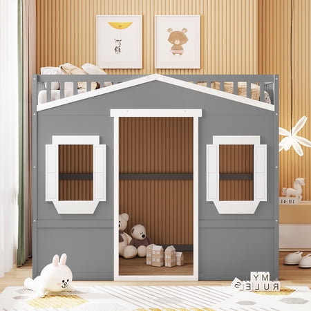 Loft Bed with Ladder  Windows  House Loft Beds with Full-Length Safety Playhouse Bed for Kids Toddlers Girls/Boys(Gray+White-Full)