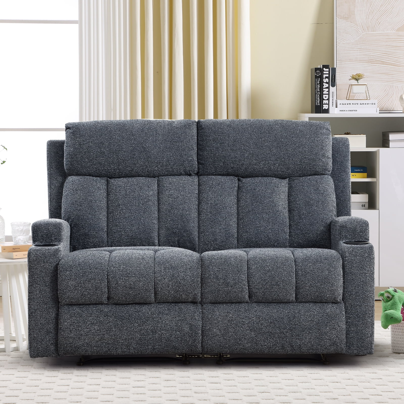 Ebello Manual Recliner Loveseat, Extra Wide Soft Fabric Overstuffed 2-Seat Reclining Sofa with Cup Holders for Living Room & Home Theater, Navy