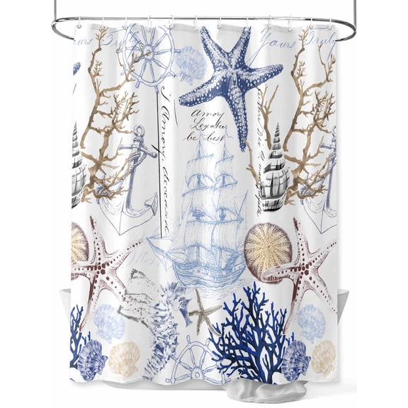 Fsddascl Blue Brown Coastal Shower Curtain Set - Standard 72" x 72" Washable Bathtub Curtain with 12 Hooks, Summer Beach Nautical Coral Starfish Waterproof Fabric Stall Shower Curtains for Bathroom