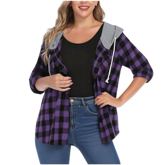 HongQid Plaid Hooded Shirt for Women Long Sleeve Button Down Flannel Shacket Jacket Lightweight Drawstring Oversized Tops Outwear