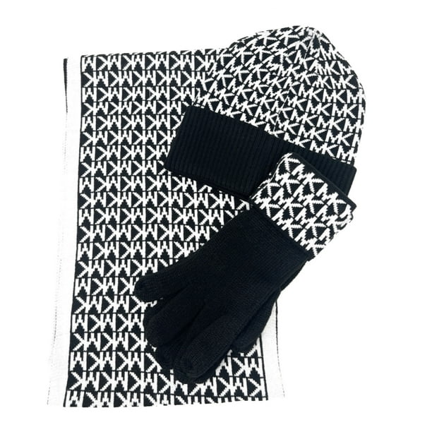 Michael Kors MK Logo Knit 3-Piece Gift Box Set Scarf, Hat & Gloves,  Black/White 