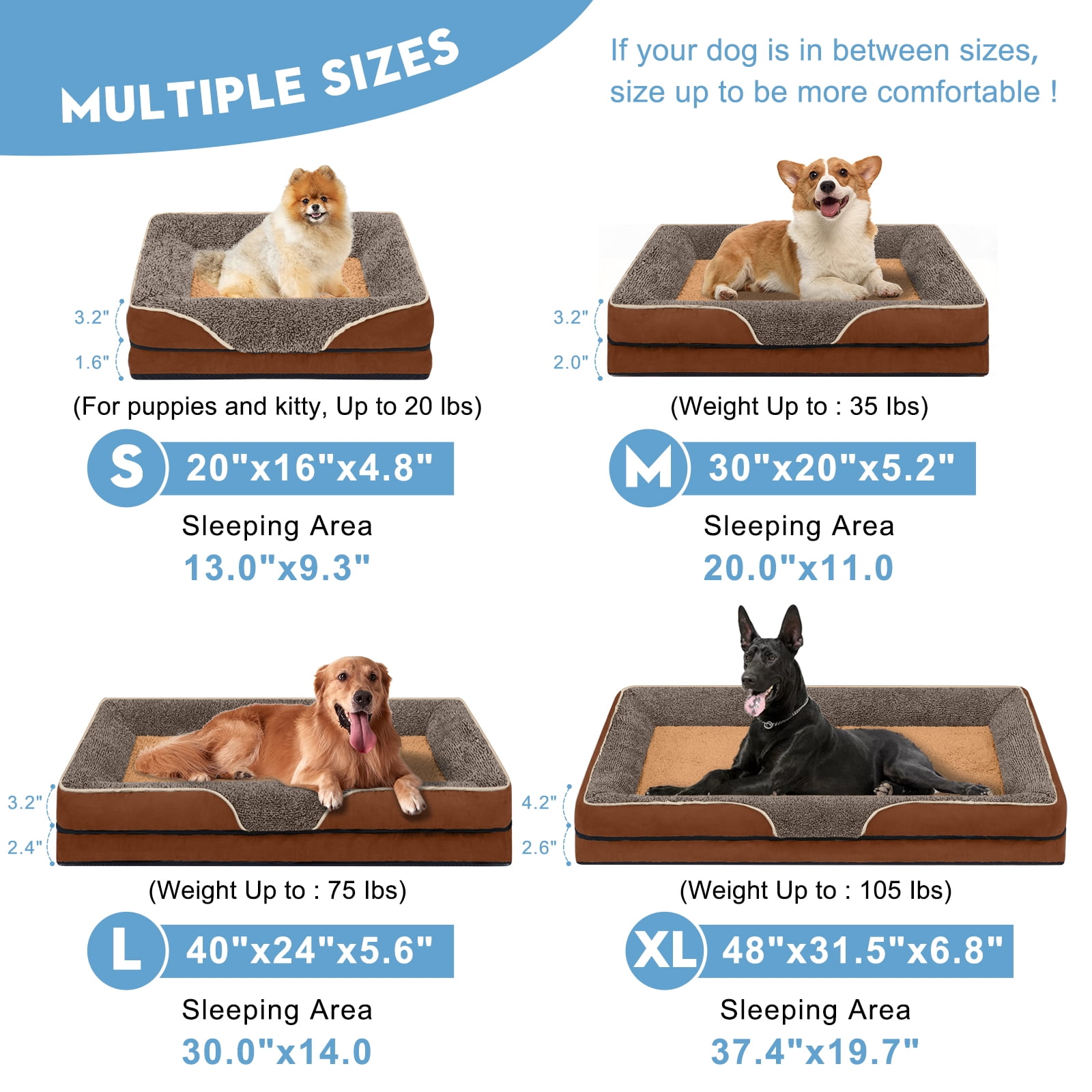 PayUSD Dog Beds for Large Medium Small Dogs Orthopedic Pet Bed Sofa Supportive Egg Crate Foam Animal Couch with Removable Washable Cover Non Skid Bottom S to XL