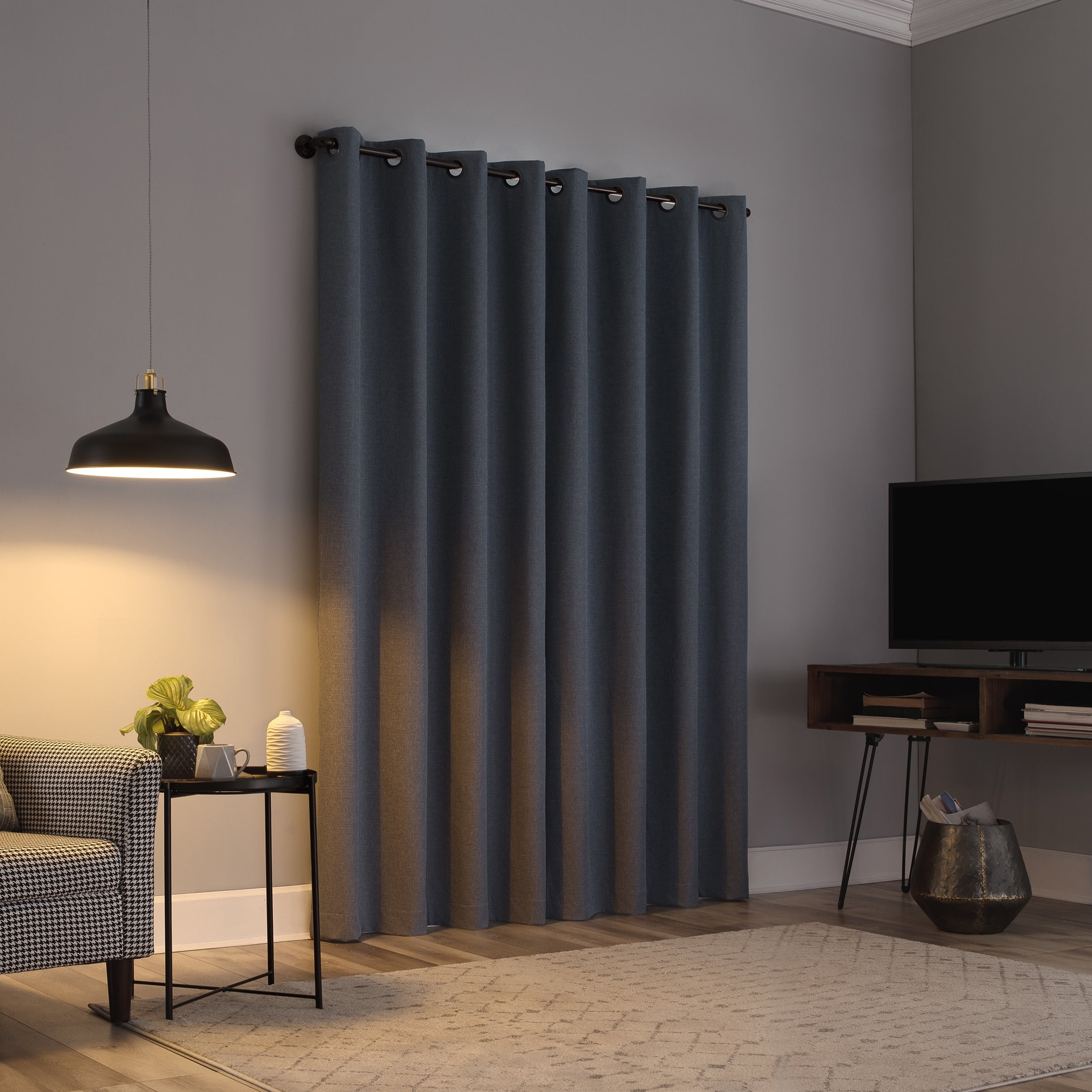 Sun Zero Channing Grid Texture Draft Shield Fleece Insulated 100% Blackout Grommet Curtain Panel, 50X84, Blue
