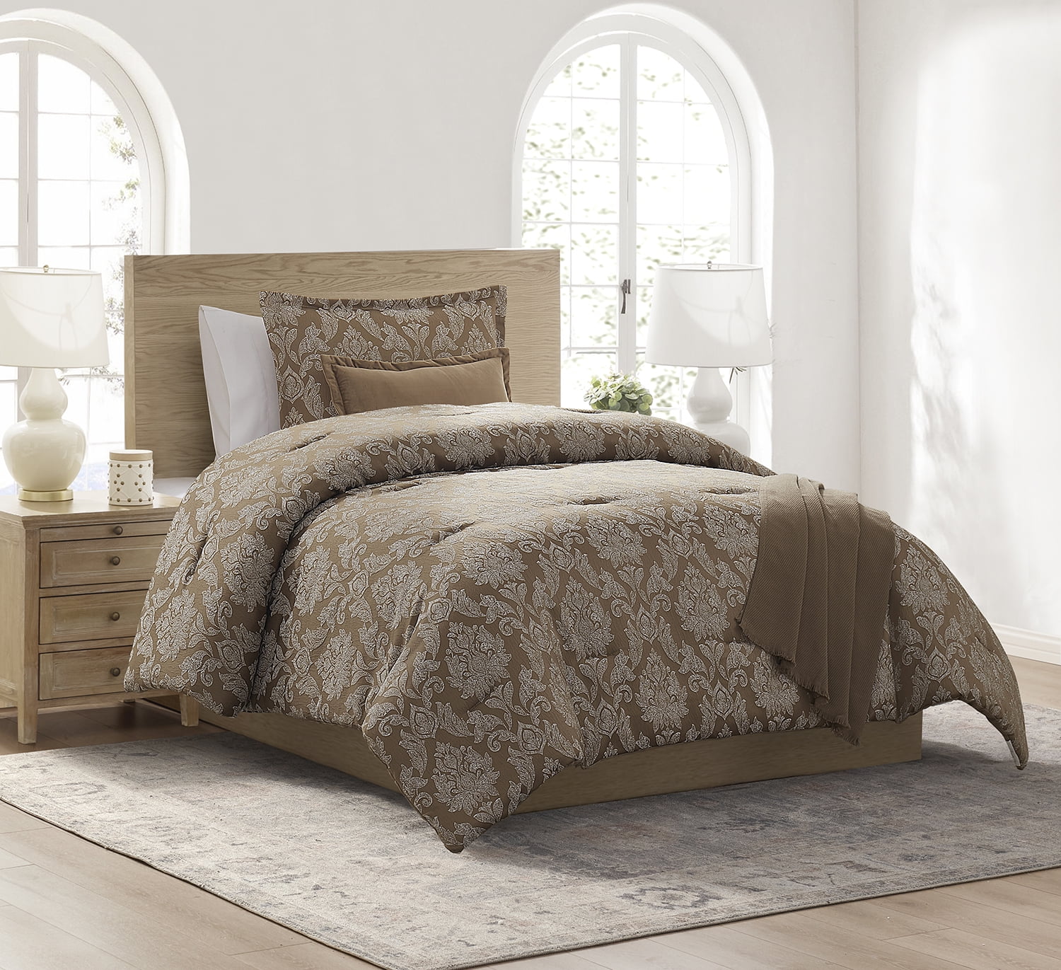 Mainstays Damask 4-Piece Brown Jacquard Comforter Set, Twin/Twin XL