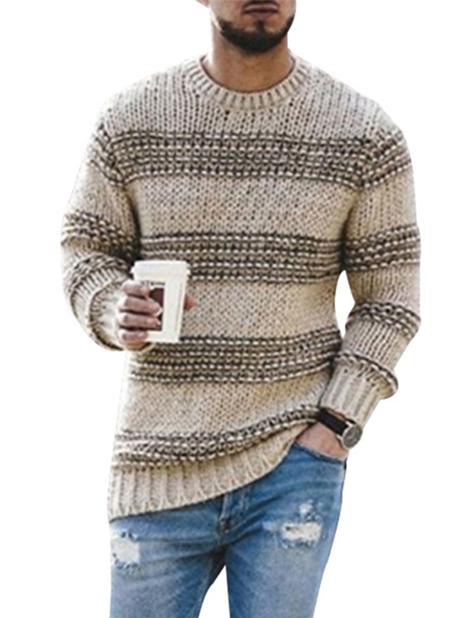 BU2H Men Long Sleeve Crewneck Striped Color Block Knit Pullover Sweater 