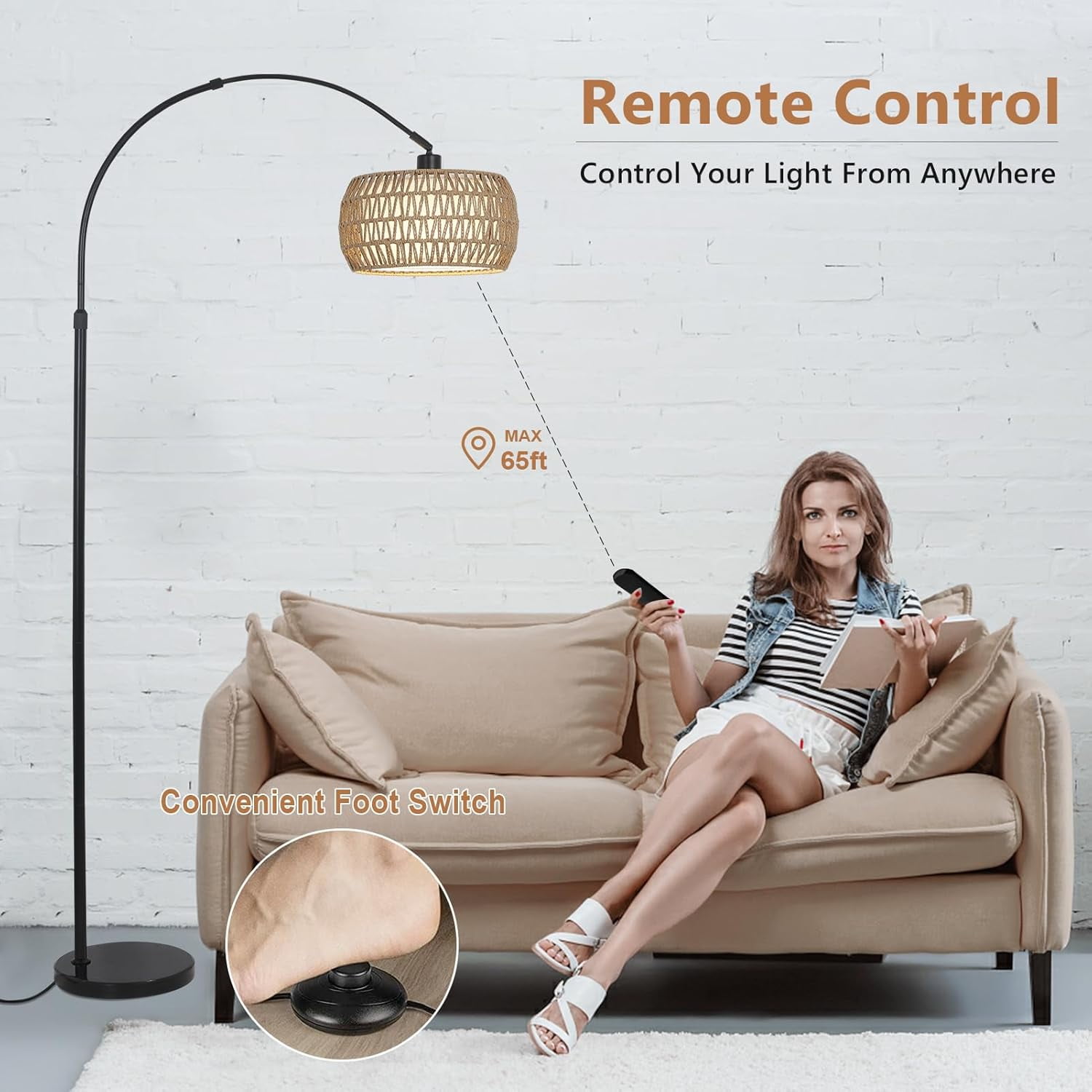 Arc Floor Lamp for Living Room, Black Standing Lamp with Remote and Dimmable LED, Rattan Boho Design