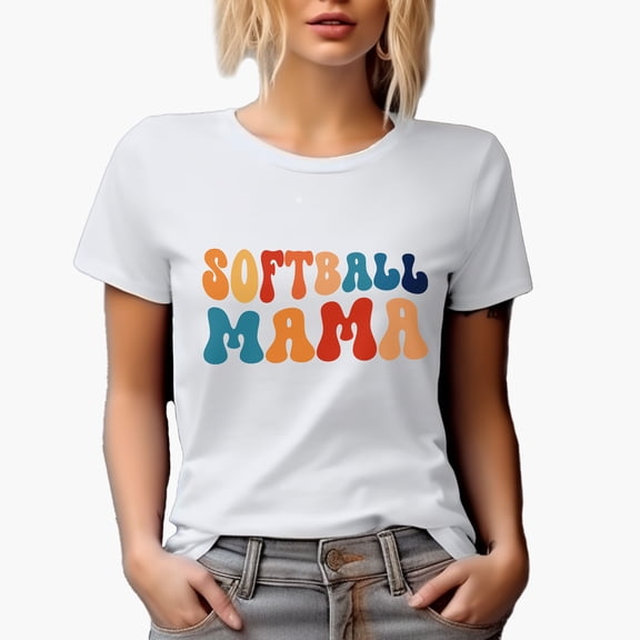 Softball Mama, Mother of a Softball Player Themed, Groovy Retro Wavy Text Merch Gift, White T-Shirt, Small