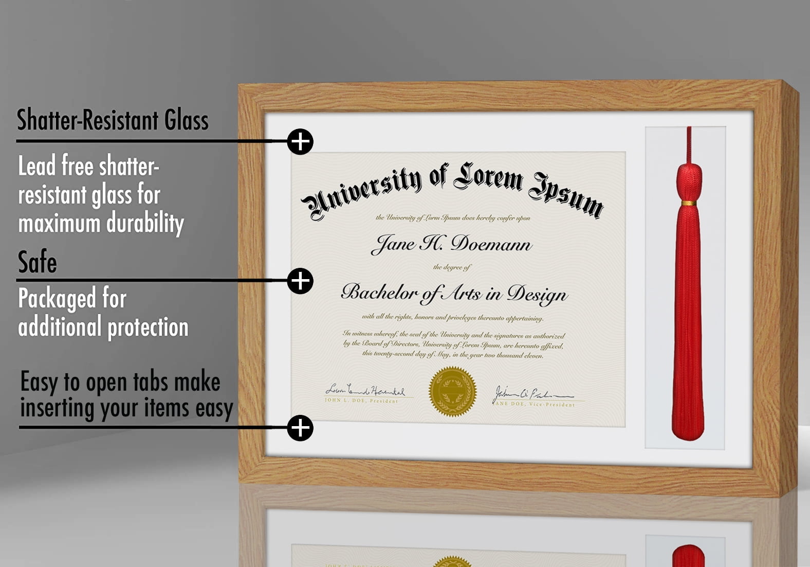 Americanflat 11x16 Oak Graduation Frame 2 Opening Mat Displays 8.5"x11" Diploma or Certificate and Tassel. Tempered Shatter-Resistant Glass. 2X Sawtooth Hangers.