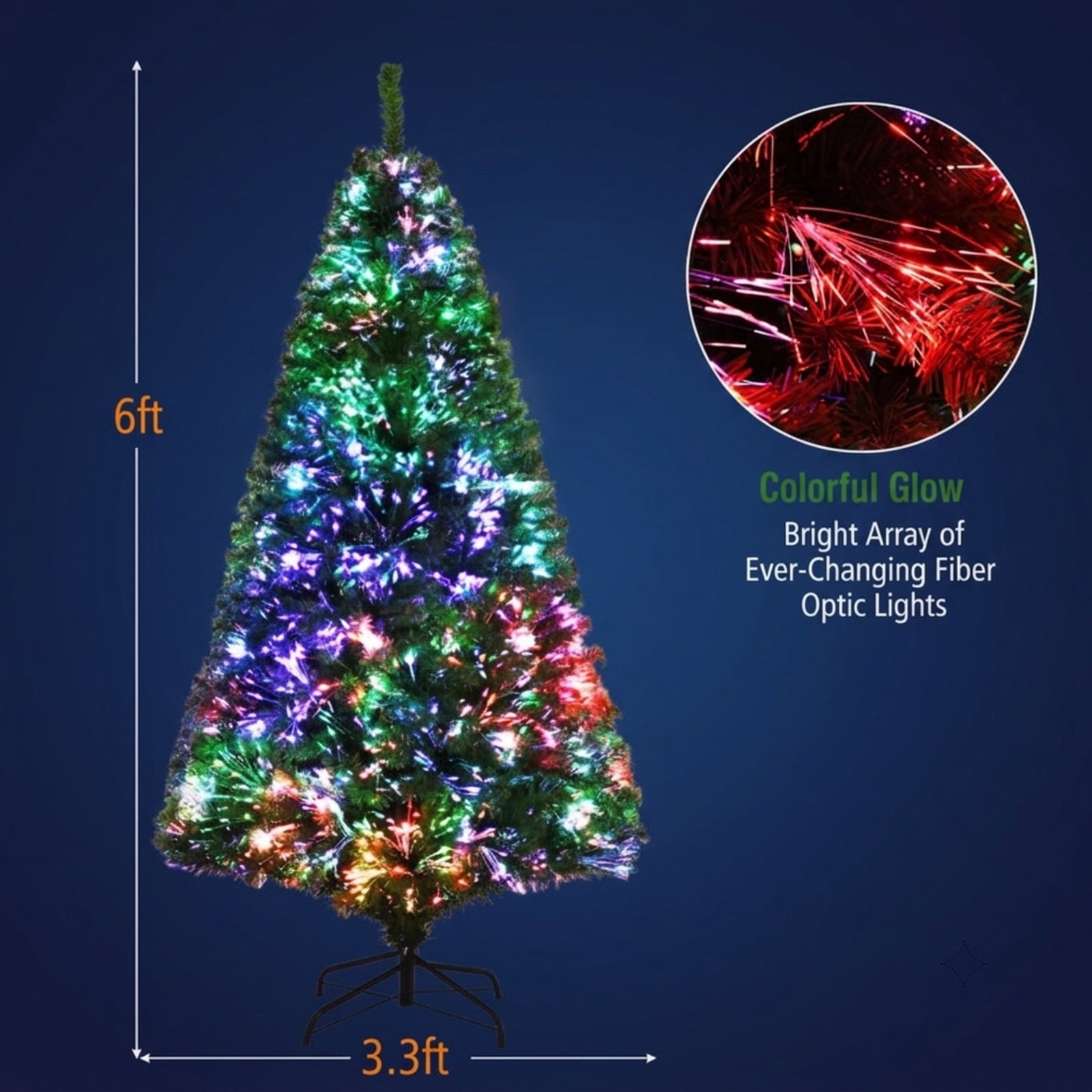 RUIE, 6 ft, Artificial Christmas Tree, with LED Fiber Optic Lights, 617 Branch Tips, Green Holiday Xmas Tree for Indoor Home Office Decoration
