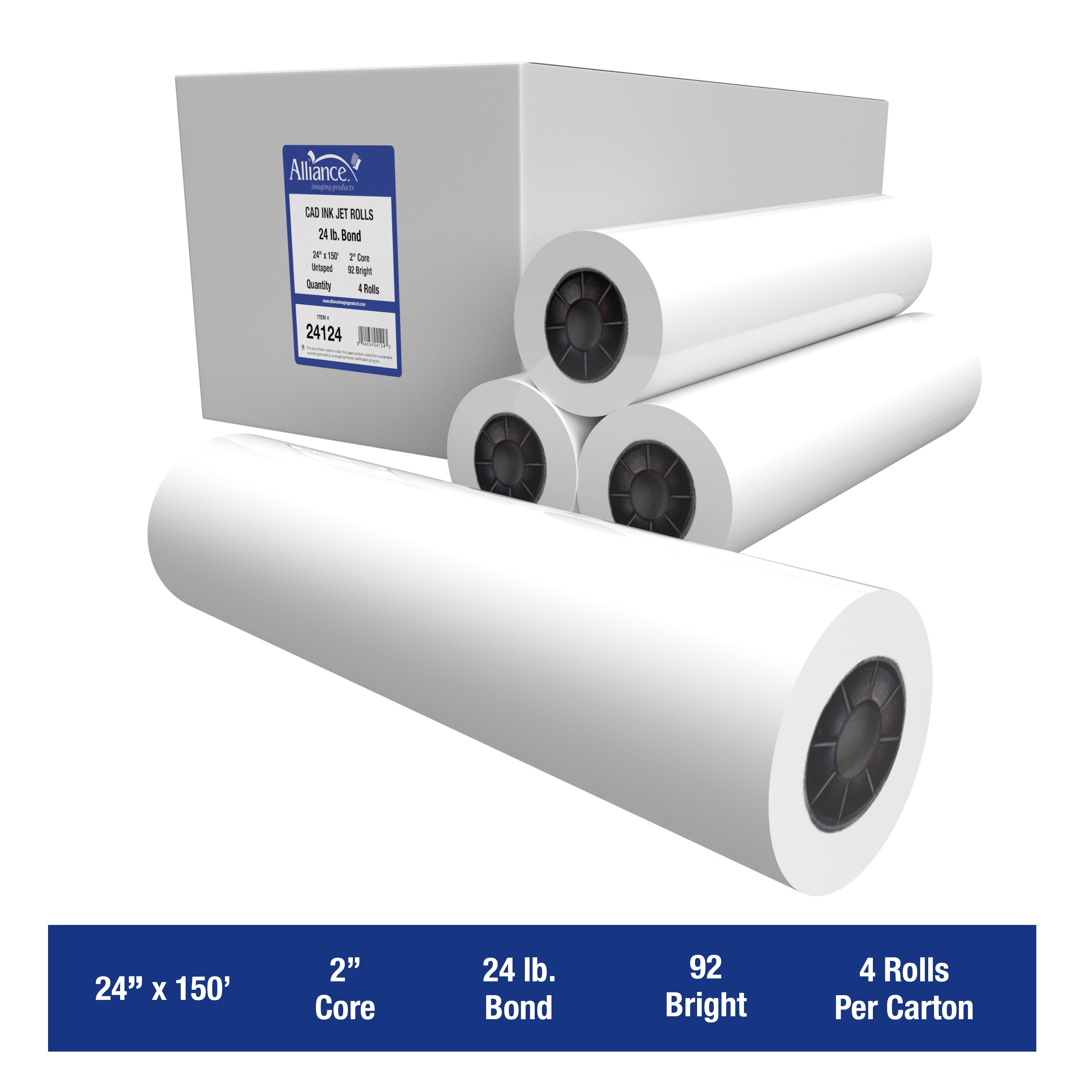 Alliance Wide Format Paper 24" x 150' CAD Bond 24lb | 92 Bright | 4 Rolls | 2" Core