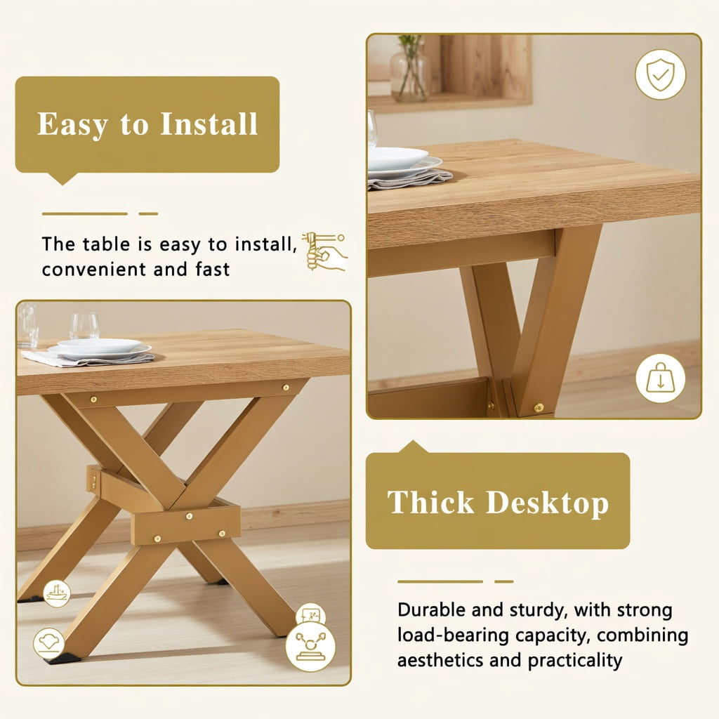 Hommoo Modern Light Wood MDF Dining Table with X-Shape Metal Base, 71" x 35.4" Extendable Rectangular Table for 6-8 People, Minimalist Home & Office Use, Natural