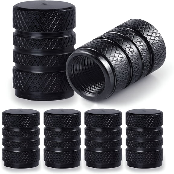 RIONIMA 4 Pack Aluminum Tire Valve Stem Caps with Airtight Seal, Knurled Wheel Covers for Cars, Trucks, SUVs, Motorcycle, Bicycle, Black